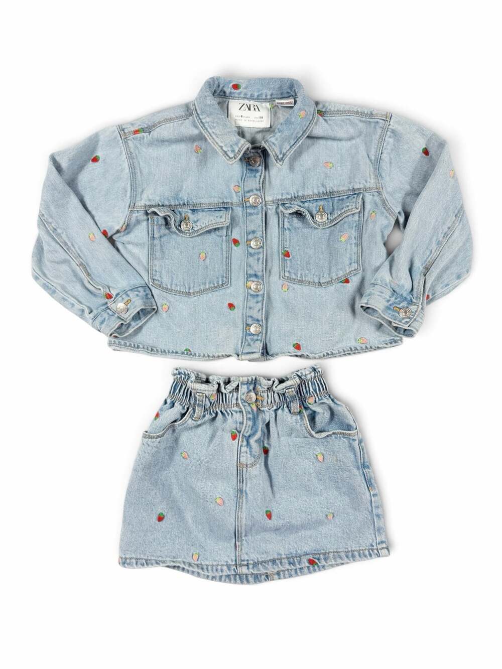 Zara Girls Strawberry Embroidered Denim Jacket Skirt Set Size 6